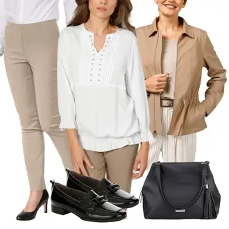 Outfit mit Braun/Khaki/Beige Eleganter Blazer/Lässiger Blazer/Baumwoll ­Blazer/Kunstleder Blazer/Lederblazer/Blazerjacke/Cargoblazer/Cord­ Blazer/Kurzblazer MONA "Business Look"