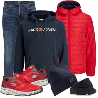 Schlichte Outfit mit Blau/Hellblau/Dunkelblau Slim Fit Jeans/Herren Lederjacke/Tapered-Jeans/Biker Jeans/Winterjacke/Lederjacke/Leder Schuhe/Low Rise Jean/Thermojeans/Jeans mit Schlitz/Low Waist Jean/Vintage Jeans Only & Sons "Praktischer Look"Look: Uni, Coole, Schön, Smart Casual, Casual, Premium, Schlichte, Old Money