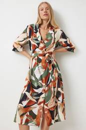 Happiness stanbul Women's Khaki Tile Patterned Summer Viscose Shirt Dress