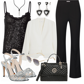 70er Outfit mit Schwarz/Beige/Creme Schlaghose/Bootcut Pant/Business Hose/Anzughose/Flared Leggings/Ausgestellte Hose/Jerseyhose/Lange Hose/Musselin Hose/Hose mit Schlitz Edited "Modischer Sommer Look"Look: 70er, Uni, Büro, Outdoor