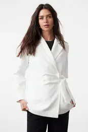 White Side Tie Detailed Lined Double Breasted Woven Jacket