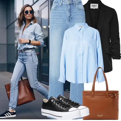 Kombinace Světle modrá Blůza s knoflíčkem/Lněná Halenka/Halenka s Dlouhým Rukávem/Džínsová Blůza/Oversize Halenka/Businessová Halenka/Slip-on Halenka/Jednobarevná Halenka/Manšestrová Halenka Only