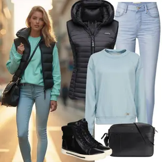 Lang Outfit mit Hellblau/Blau Lederjacke/Sport Sweatshirt/Women's Fleece Sweatshirts Lascana "Bequemes Frühlings Outfit"