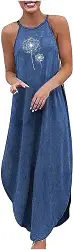 Generic Lockere Jeanskleider Für Damen Uk Einfacher Stil Partykleider Damen Plus Size Denim Ärmellos Neckholder Print Weste Langes Kleid Baggy Maxi Kleider Für Hochzeitsgäste Sommer Etuikleid