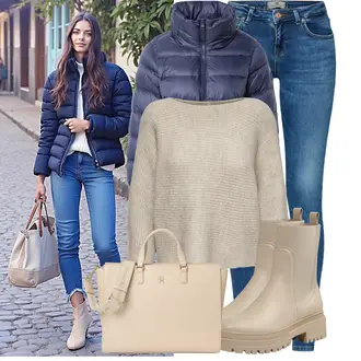 S Resicama Outfit sa Bež/Smeđa/Kaki Kožna Jakna/Podstavljena Gležnjača/Gumena Gležnjača/Ravna Gležnjača/Chelsea Gležnjača About You "Cool jesenski outfit"