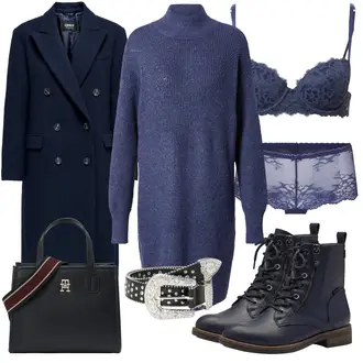 Outfit mit Dunkelblau/Blau Unterteil/Angora Unterwäsche/Boxershort-Set/Brazilian-slip/Slip/Klassischer Slip/Ouvert Slip/Transparenter Slip lingadore "Schickes Herbst Outfit"