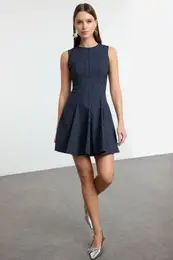 Navy Blue Striped Skirt Waist Opening Crew Neck Mini Polyviscon Woven Dress