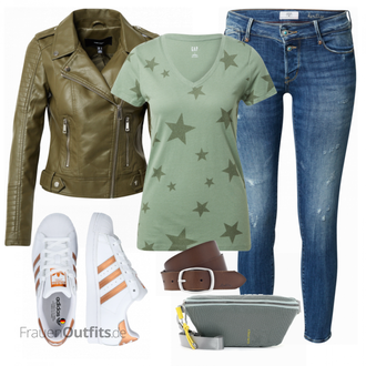 Outfit mit Blau/Dunkelblau Lederjacke/Damen 7/8-Länge Jeans/Knöchelstiefel/Caprijeans/Cropped Jeans/Jeans mit Schlitz/Jeans mit Loch/Low Rise Jean/Low Waist Jean/Push up Jeans/Lederjacken/Schlupfjeans/Winterjacke le temps des cerises "Look Toller für den Frühling"