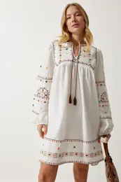 Happiness stanbul Women's Ecru Embroidered Woven Linen Dress