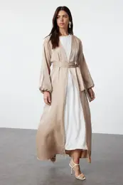 Camel Shiny Pearl Detailed Woven Cap & Abaya & Abaya