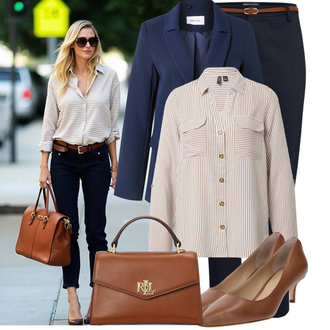 Elegantan, Sportski Ljeto Outfit sa Bež/Smeđa Pumpa na Niskoj Peti/Poslovna Obuća/Vintage Pumpa/Pumpica S Visokim Prednjim Dijelom/Slingback Pumpa/Udobna pumpa/kožena cipela Polo Ralph Lauren "Moderni proljetni outfit"Look: Elegantan, Besprijekorno, Stil, Old Money, Chic, Ured, Francuske