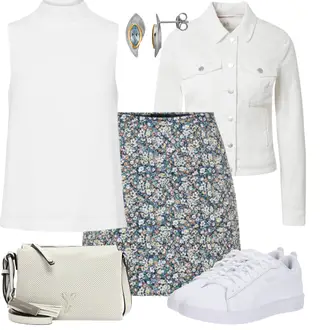 Festlich Outfit mit Hellblau/Dunkelblau/Mischfarben MiniRock/Rock Mit Blumenmuster/Bedruckter Rock/70er MiniRock/60er Jahre Rock/90er Rock Pieces "Frühlingsoutfit"Look: A-linie, Rad, Coole, Festlich, Schön, Old Money, Overdressed, Vintage, 70er