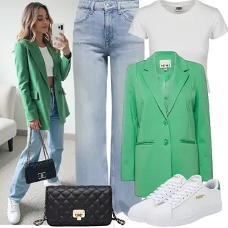 Outfit mit Weiß/Dunkelgrün/Grün Vintage Sneaker/Sommer Sneaker/Skateschuh/Sneaker Low/Schmaler Sneaker Puma "Modisches Frühlingsoutfit"