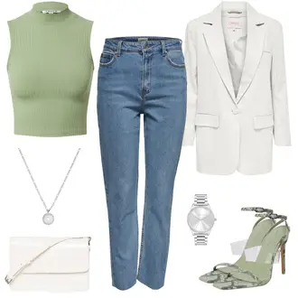Schlichte Outfit mit Blau/Hellblau Boyfriend Jean/Cropped Jeans/Dad Jeans/Girlfriend Jeans/Jeans mit Schlitz/Mom Jean/Formelles Hemd/Tapered-Jeans/Vintage Jeans Only "Lässiger Partylook"Look: Uni, 90er, Casual, Classic, Coole, Schlichte