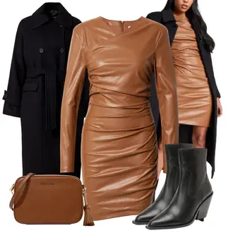 Outfit mit Braun/Grau/Beige Lederkleid katy perry exclusive for about you "Cooles Herbst Outfit"