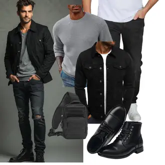 Laufen Winter Outfit mit Schwarz Schnürschuh/Vintage Stiefelette/Leder Stiefelette/Lederschuh/Gefütterte Stiefelette/Flache Stiefelette/Springerstiefel/Klassischer Stiefel/Schnürstiefelette SL-Saint "Freizeit Outfit"Look: Laufen, Skating, Apres ski