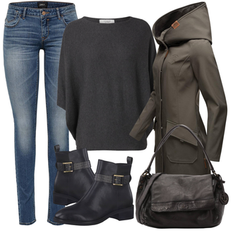 Outfit mit Schwarz/Grau/Dunkelgrau Strick Große/Klassische Tunika/Bluse Lederjacke/Oversize Bluse/Tuniken-Shirt/Shirt & Top Große Größe/Tunika/Pullover Mit Fledermausärmel/Kaschmir Pullover JdY "Outfit für den Herbst"