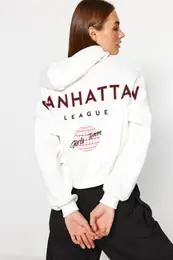 Ecru Back Print Detail Hooded Raising Knitted Sweatshirt