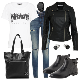 Outfit mit Schwarz/Dunkelgrün Mantel/Bikerjacke/KunstLederjacke/Lederjacke/Motorradjacke Noisy may "Dreamer"