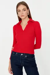 Red Ribbed Fitted Knitted Blouse
