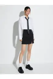 Crop Shirt Elastic Waist Long Sleeve Buttoned Cuff Collar Cotton Poplin