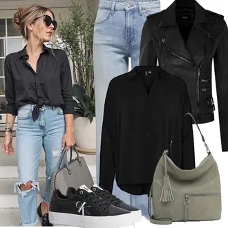 Biker Outfit mit Schwarz/Braun/Rot Motorradjacke/KunstLederjacke/Lederjacke/Bikerjacke Infinity Leather "Modisches Frühlingsoutfit"
