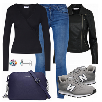 Outfit mit Schwarz/Dunkelgrün Mantel/Bikerjacke/KunstLederjacke/Lederjacke/Motorradjacke Noisy may "Noisy may"