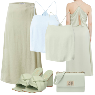 Outfit mit Grün/Hellgrün/Khaki A Linien Rock/Wadenlanger Rock/Christlicher Rock/Crinkle Rock/Strickrock/Midirock/Moderne Rock/Standesamt Rock/Wickelrock Edited "Schöner Sommer Look"