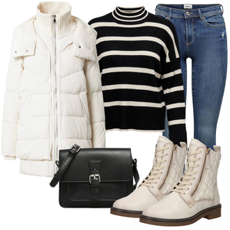 Outfit mit Weiß/Creme/Beige Steppjacke/Daunenjacke/Außergewöhnliche Jacke/Puffer Jacke/Sommerdaunenjacke/Winterjacke/Winter Parka/Mantel mit Reißverschluss/Daunenmantel/Leichter Mantel/Parka/Steppmantel/Übergangsmantel/Wintermantel S.Oliver "Bequemes Winter Outfit"