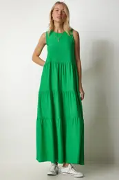 Happiness stanbul Women's Green Flounce Sleeveless Knitted Dress