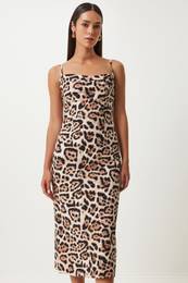 Happiness stanbul Women's Black Beige Leopard Patterned Strappy Midi Dress