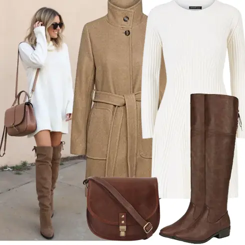 Dunkelbraun/Braun/Beige WeitschaftStiefel/Kniehoher Stiefel/Overknee Stiefel/Langer Stiefel/Leder Overknee Stiefel/ReitStiefel/Flache Overknee Stiefel DREAM PAIRS kombinieren mit Grau/Weiß Langes Strickkleid/Langärmliges Winterkleid/Pulloverkleid/Winter Strickkleid Youning
