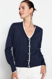 Navy Blue Premium Yarn/Special Yarn Contrast Color Knitwear Cardigan