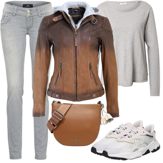 Outfit mit Dunkelbraun/Braun Mantel/Bikerjacke/KunstLederjacke/Jacke mit Seitlichem Reißverschluss/Leder Bomberjacke/Lederjacke/Motorradjacke/Vintage Lederjacke gipsy by mauritius "Leichte Frühlings Outfits"