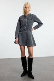 Gray Textured Flounce Skirt Mini Denim Dress