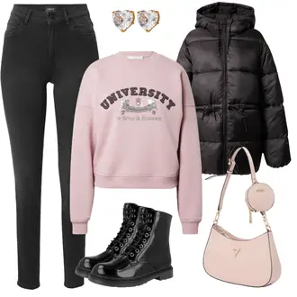 Outfit mit Hellgrau/Dunkelbraun/Dunkelgrau/Khaki/Grau/Braun Lederjacke/Biker Jeans/High Waist Jeans/Jeans mit Schlitz/Push up Jeans/Slim Fit Jeans/Leder Schuhe/Thermojeans/Winterjacke Only "Uni Freizeitlook"