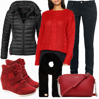 Date Winter Outfit mit Dunkelblau/Dunkelgrau/Grau Push up Jeans/Low Waist Jean/Winterjacke/SweatJeans/Lederjacke/Slim Fit Jeans/ThermoJeans/Low Rise Jean/Leder Schuhe/Jeans mit Schlitz Red by EMP "Red"Look: Wasen, Date, Pop Konzert, Schule