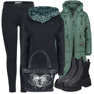 Jeans Outfits Baggy Sommer mit Schwarz/Rosa/Grau Shopper-Tasche/Schulranzen/Shopper Gothicana by EMP "Outfit Für Den Winter"