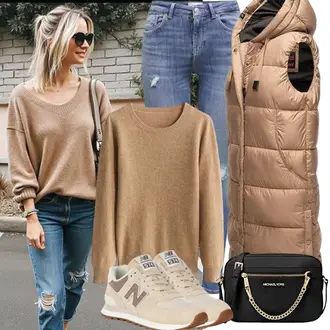 Moderne Outfit mit Beige/Braun/Gold OutdoorWeste/Puffer Weste/Lange Weste/DaunenWeste MARIKOO "Perfekt für die Freizeit"Look: Smart Casual, Moderne, Overdressed, Workwear, Sportlich, Safari, Schön, Premium, Oversize, Babydoll, Western, Retro