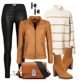 Outfit mit Gelb/Braun/Beige Mantel/KunstLederjacke/Jacke mit Seitlichem Reißverschluss/Leder Bomberjacke/Lederjacke/Vintage Lederjacke Maze "Modisches Freizeit Outfit"