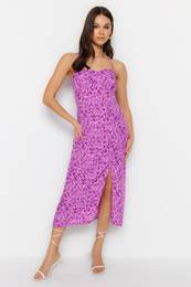 Lilac Floral Print Straight Cut Back Detailed Woven Dress