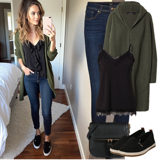 Outfit sa Crna Čipkasti Top/Gornja majica/Party Top/Top Bez Rukava/Muške cipele/Majica na špagete Freequent "Proljetni outfit"