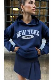 Navy Blue Premium Cotton New York Print Hooded Sweatshirt