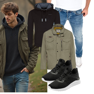 Stehkragen Outfit mit Khaki/Dunkelgrün/Braun/Grün Übergangsjacke/Sommerjacke/Trekkingjacke/Uniformjacke/Militärjacke/Nachhaltige Jacke/Wachsjacke/Cargojacke Camel Active "Freizeit Outfit"