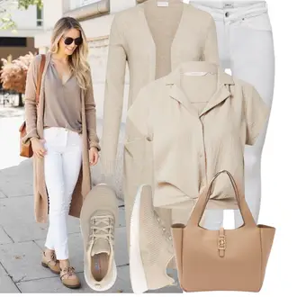 Kombinacije za bucmaste Ured sa Bež/Kaki/Smeđa Pletivo Veći Broj Vila "Lijepi proljetni outfit"Look: Sveučilišna, Preodjeven, Ured, Mom