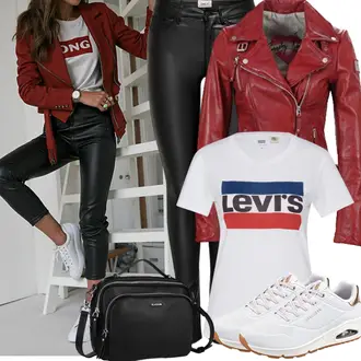 Classic Outfit mit Schwarz/Weiß Jeans mit Schlitz/Thermojeans/Lederjacke/Biker Jeans Only "Modisches Frühlingsoutfit"Look: Classic, Extravagante, Schön, Goa, Lack, Wetlook, Nahtlos, 20er Jahre, Sexy