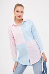 Women's Baby Blue Striped Two Color Long Sleeve Loose Shirt