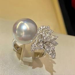 1pc Micro-inlaid Zirconia Copper Ring Ladies Banquet Ornament Diamond Open Spring And Summer Pearl Inlaid Diamond Flower Copper Ring Bride