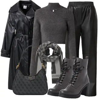 Outfit mit Schwarz/Beige/Weiß/Rot/Orange Hose Große Größe/Lederimitathose/Lederhose Edited "Modisches Winter Outfit"