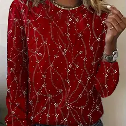 [spring Fashion] Women's Red Geometric Print Long Sleeve T-shirt - Casual Loose Fit, Round Neck, Polyester, Machine Washable, Ideal For